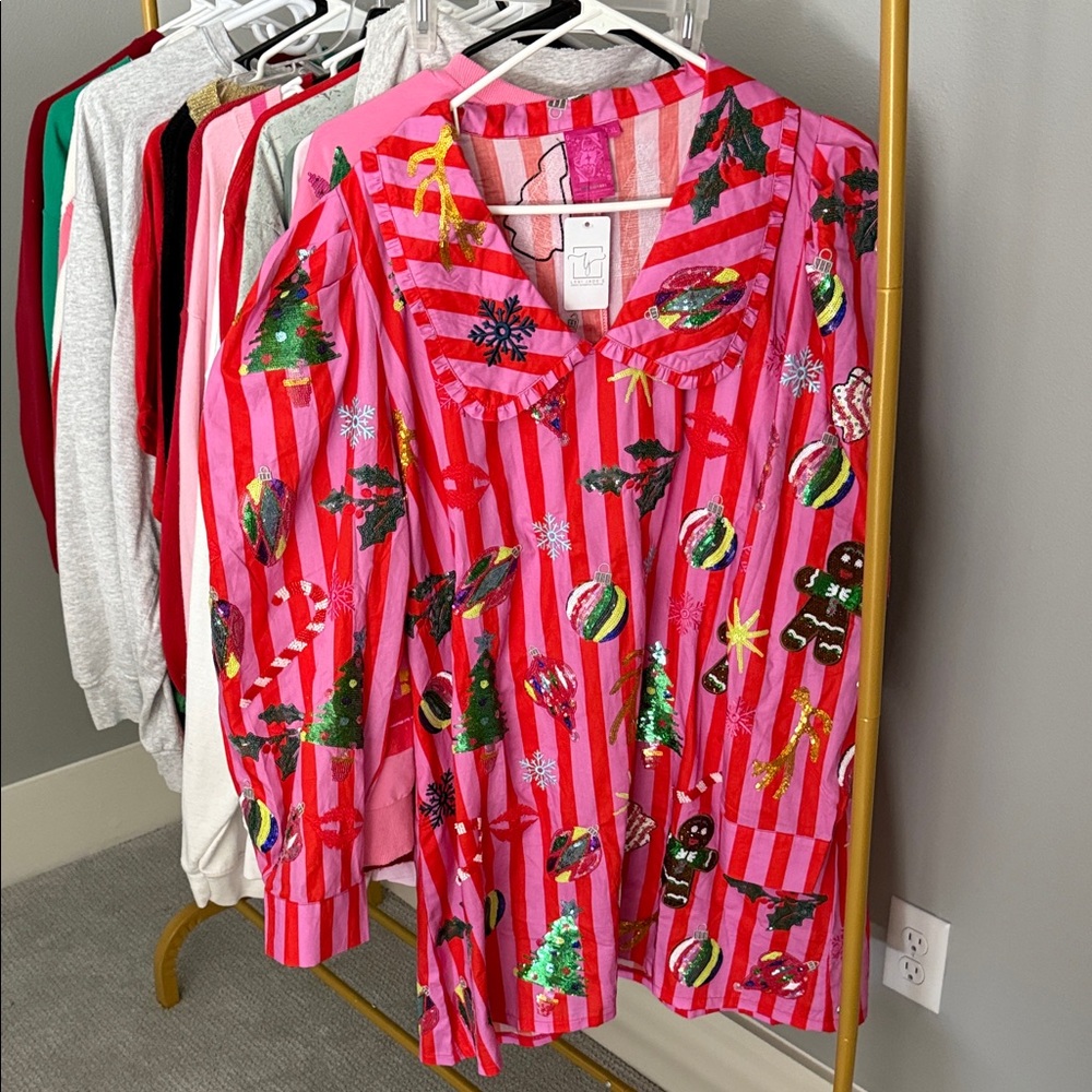 Queen of Sparkles Festive Pink Striped Christmas Collar Dress-fully sequined